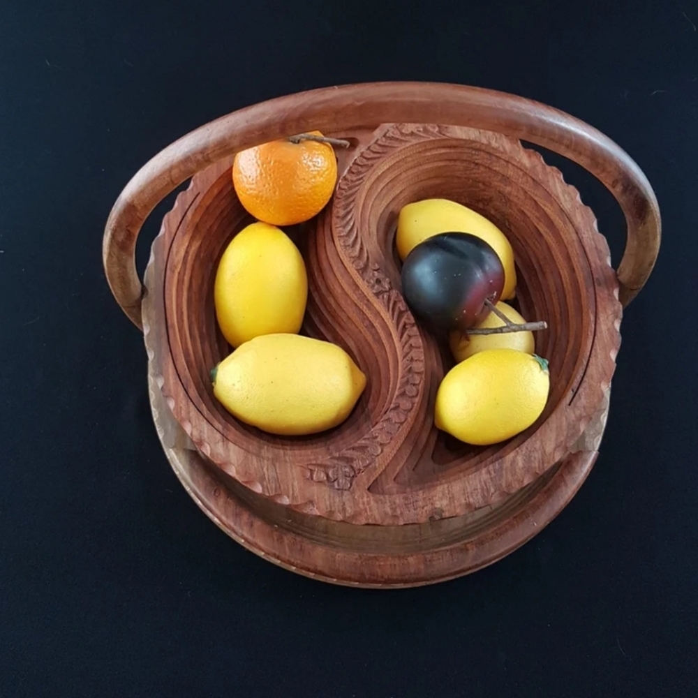 Vintage Collapsible Wooden Fruit Basket with Two Compartments, Floral Pattern